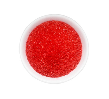 Bowl with red food coloring isolated on white, top viewの写真素材