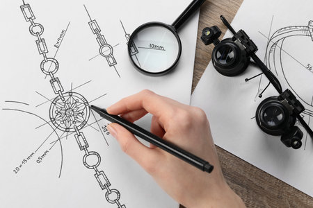 Jeweler drawing sketch of elegant bracelet on paper on wooden table, top view