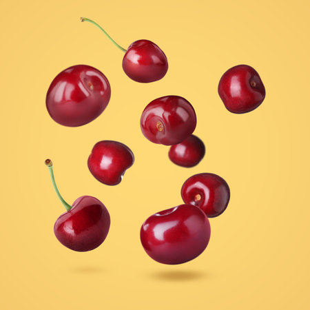 Fresh cherries falling on pale orange backgroundの写真素材