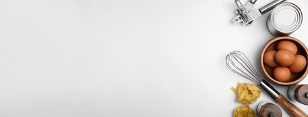 Cooking utensils and ingredients on white background, flat lay with space for text. Banner design