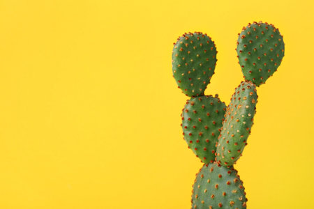Beautiful Opuntia cactus on yellow background, closeup. Space for text