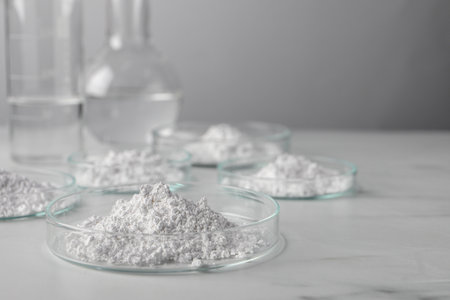 Many petri dishes with calcium carbonate powder on white background. Space for textの写真素材