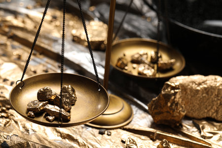 Vintage scales with gold nuggets on plastic stretch wrap, closeupの写真素材