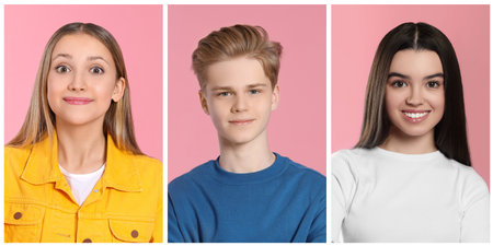 Portraits of teenagers on pink background, collage designの写真素材
