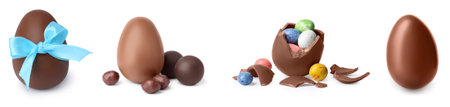 Tasty chocolate eggs on white background, collageの写真素材