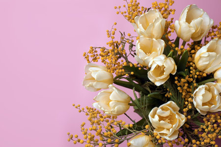 Bouquet with beautiful tulips and mimosa flowers on pink background. Space for text