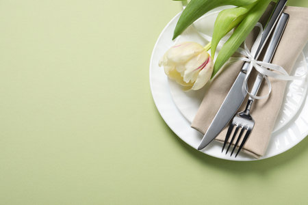 Stylish table setting with cutlery and tulip on light green background, top view. Space for textの写真素材