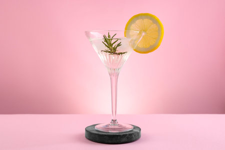 Martini glass of cocktail with lemon slice and rosemary on stand against pink backgroundの写真素材