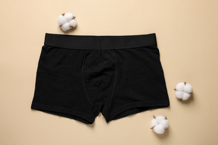 Comfortable black men's underwear and cotton flowers on beige background, flat layの写真素材