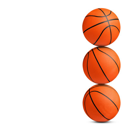 Stack of basketballs on white background. Space for textの写真素材