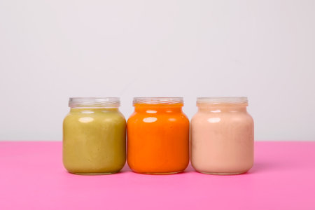 Glass jars with healthy baby food on pink tableの写真素材