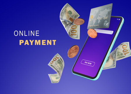 Online payment. Mobile phone, dollar banknotes, coins and credit card on blue backgroundの写真素材
