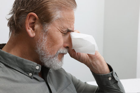 Upset senior man wiping tears with napkin at home, closeup. Loneliness conceptの写真素材