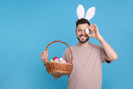 Happy man in bunny ears headband holding wicker basket with painted Easter eggs on turquoise background. Space for textの写真素材