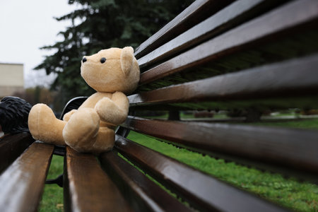 Lonely teddy bear on wooden bench outdoorsの写真素材