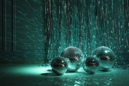 Shiny disco balls indoors, toned in dark green. Space for textの写真素材