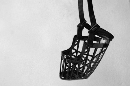 Black plastic dog muzzle on white background, space for textの写真素材