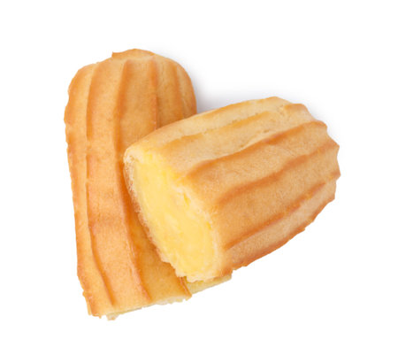 Delicious cut eclair isolated on white, top view