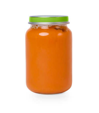 Glass jar with healthy baby food isolated on whiteの写真素材
