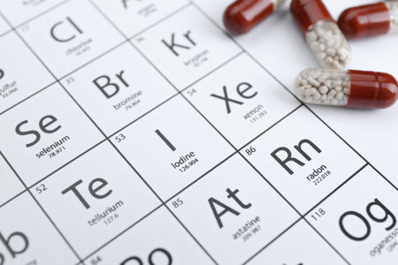 Symbol Iodine and pills on periodic table of elements, closeupの写真素材