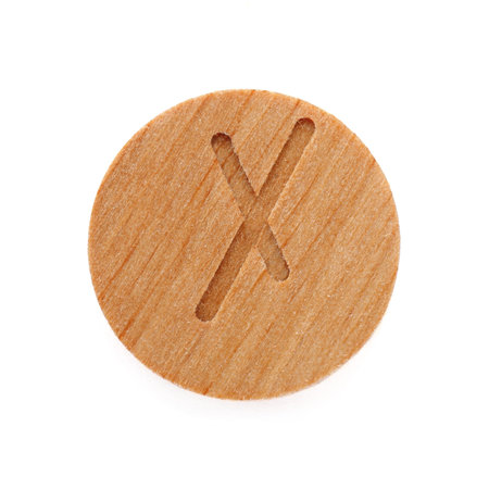 Wooden rune Nauthiz isolated on white, top viewの写真素材
