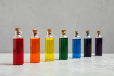 Glass bottles with different food coloring on light gray marble table