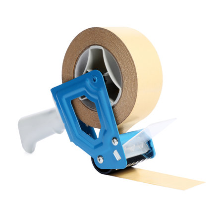 Dispenser with roll of adhesive tape isolated on whiteの写真素材