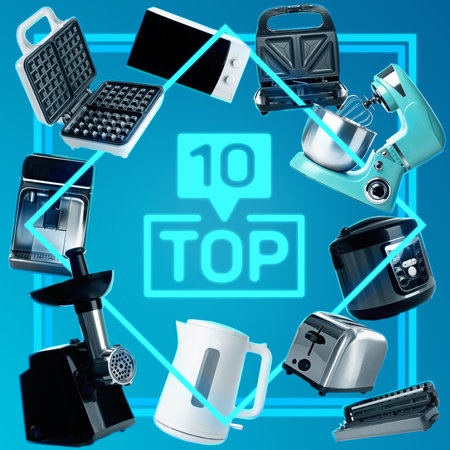 Top ten list of kitchen appliances on light blue gradient backgroundの写真素材