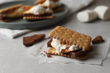 Delicious marshmallow sandwiches with crackers and chocolate on light gray table, closeup
