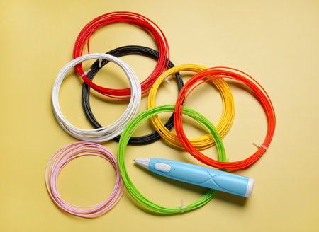 Stylish 3D pen and colorful plastic filaments on yellow background, flat lay