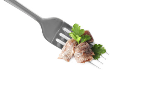 Fork with delicious anchovy fillet and parsley isolated on white, top viewの写真素材