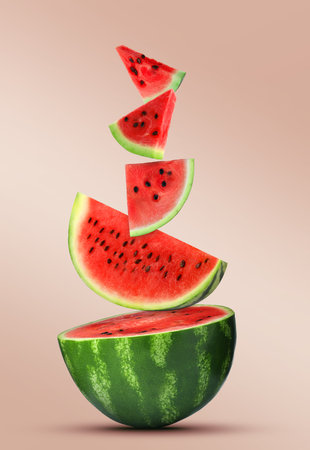 Collage with cut watermelon on pastel pink gradient backgroundの写真素材