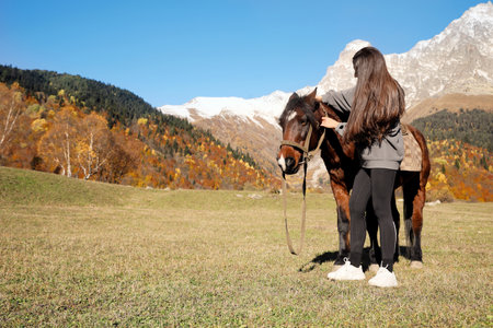 Young woman with horse in mountains on sunny day, space for text. Beautiful petの写真素材