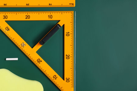 Protractor, sponge, chalk and ruler on green chalkboard, flat lay. Space for textの写真素材