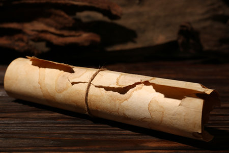 Scroll of old parchment paper on wooden table, closeup