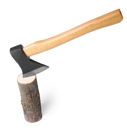 Metal ax in wooden log on white background