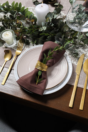 Stylish elegant table setting for festive dinner, above view