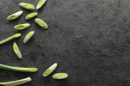 Food photography. Fresh celeries on gray textured table, flat lay with space for textの写真素材