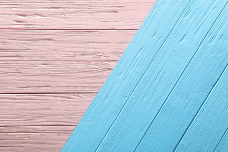 Texture of pink and light blue wooden surfaces as background, top viewの写真素材