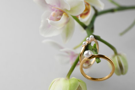 Elegant pearl rings and orchid flowers on white background, closeup. Space for textの写真素材