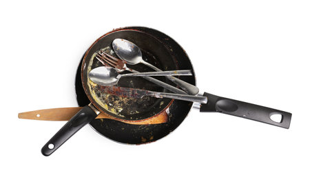 Many different dirty dishes on white background, top viewの写真素材
