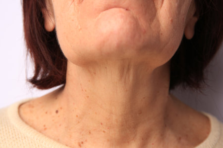 Closeup view of older woman on white background