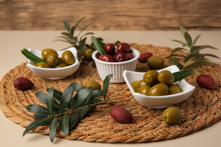 Olives and tree twigs on beige tableの写真素材