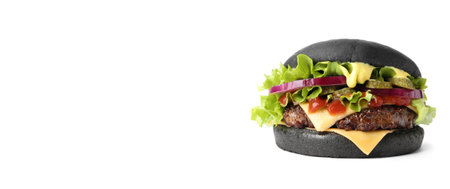 Delicious black burger with cheese, vegetables, cutlet and lettuce on white backgroundの写真素材