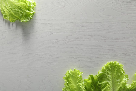 Food photography. Leaves of fresh lettuce on white wooden table, flat lay with space for textの写真素材