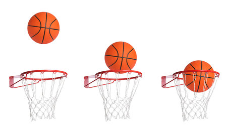 Collage with ball falling through basketball hoop with net isolated on whiteの写真素材
