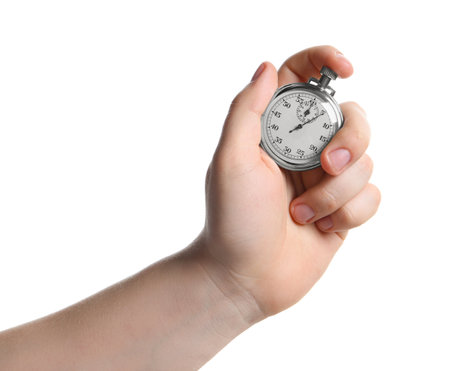 Man holding vintage timer on white background, closeupの写真素材