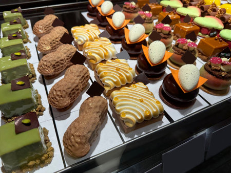 Showcase with different tasty desserts in store