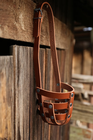 Brown dog muzzle hanging near wooden fence