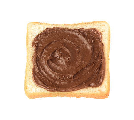 Tasty toast with chocolate paste isolated on whiteの写真素材